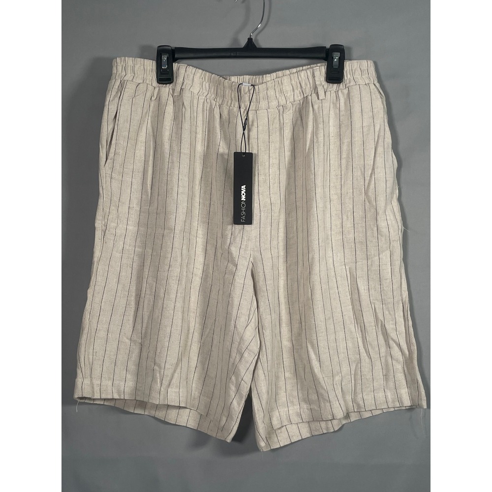 Fashion Nova Natasha Linen Bermuda Short Tan Pinstripe High Rise Size L B22066A - Picture 1 of 6